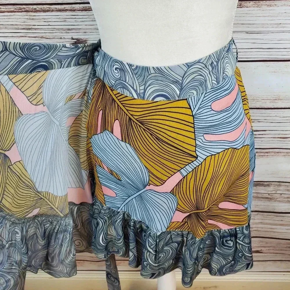 NWT Bl^nk Bl-nk Anthropologie Womens XS Samantha Palm Swirl Wrap Skirt Ruffle